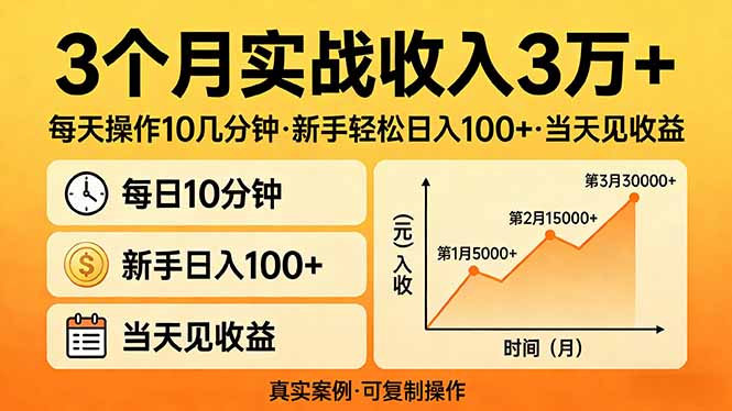 3个月实战收入3万+，每天操作10几分钟，新手轻松日入100+，当天见收益-七州人网创