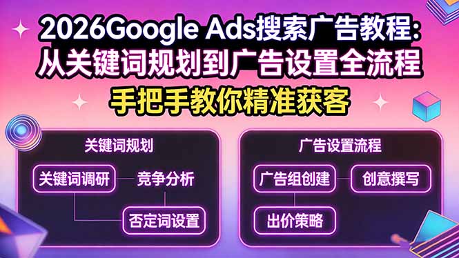 2026Google Ads搜索广告教程：从关键词规划到广告设置全流程，手把手教你精准获客-七州人网创