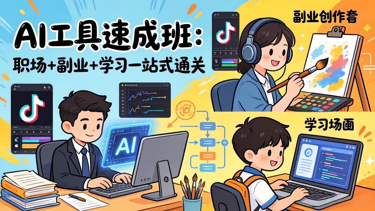 AI工具速成班：职场+副业+学习一站式通关，20+爆款类型+剪映技巧+抖音算法，0基础快速上手-七州人网创