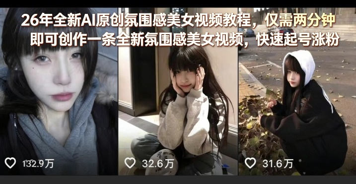 26年全新AI原创氛围感美女视频教程，仅需两分钟即可创作一条全新氛围感美女视频，快速起号涨粉-七州人网创