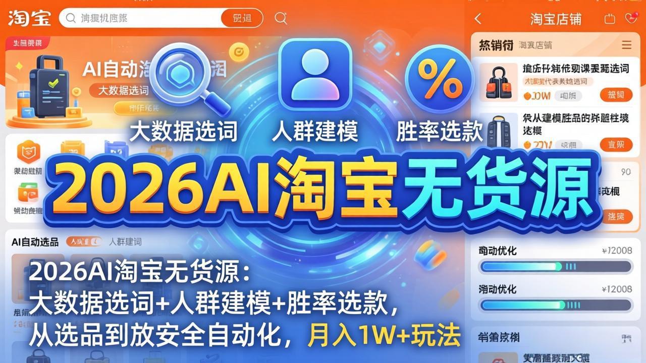 2026AI淘宝无货源：大数据选词+人群建模+胜率选款，从选品到放大全自动化，月入1W+玩法-七州人网创