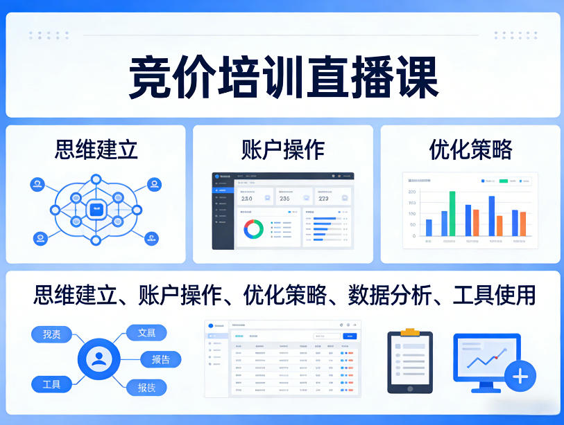 竞价培训直播课，覆盖思维建立、账户操作、优化策略、数据分析、工具使用等，全方位提升效果-七州人网创