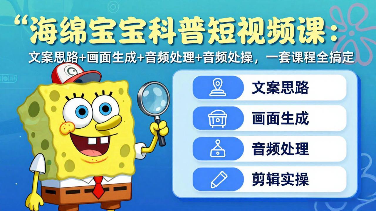 海绵宝宝科普短视频课：文案思路+画面生成+音频处理+剪辑实操，一套课程全搞定-七州人网创