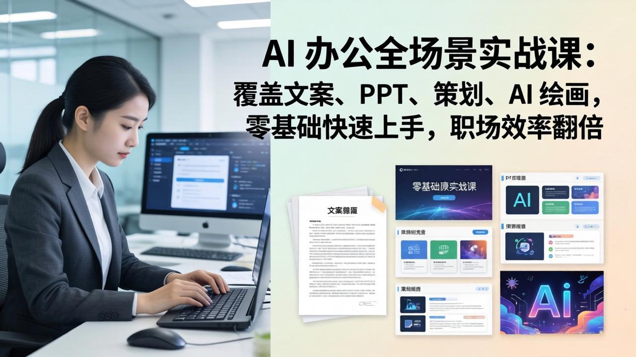 AI 办公全场景实战课：覆盖文案、PPT、策划、AI 绘画，零基础快速上手，职场效率翻倍-七州人网创
