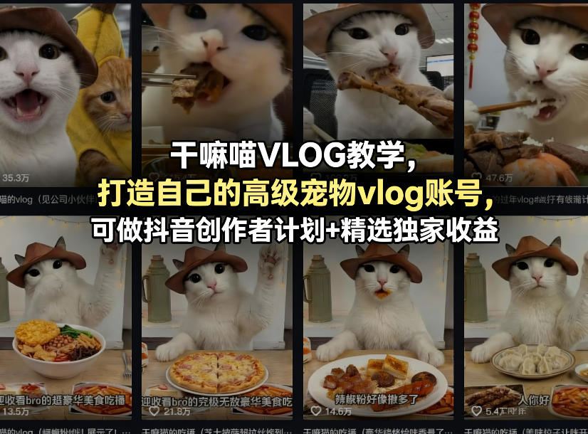 干嘛喵VLOG教学,打造自己的高级宠物vlog账号,可做抖音创作者计划+精选独家收益-七州人网创