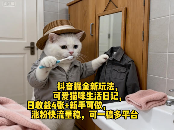 抖音掘金新玩法，可爱猫咪生活日记，日收益4张+新手可做，涨粉快流量稳，可一稿多平台-七州人网创