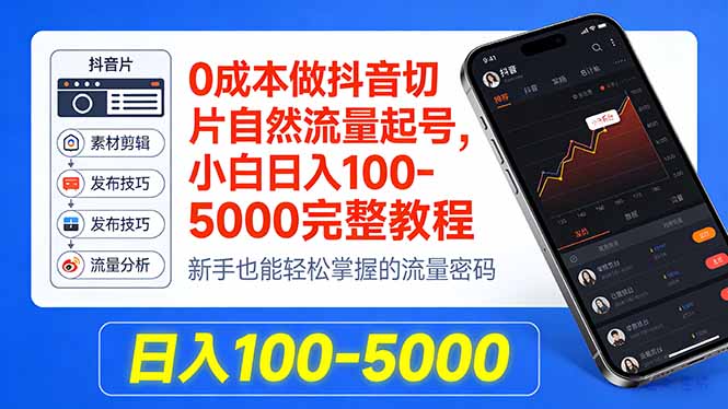 0成本做抖音切片自然流量起号，小白日入100-5000完整教程-七州人网创